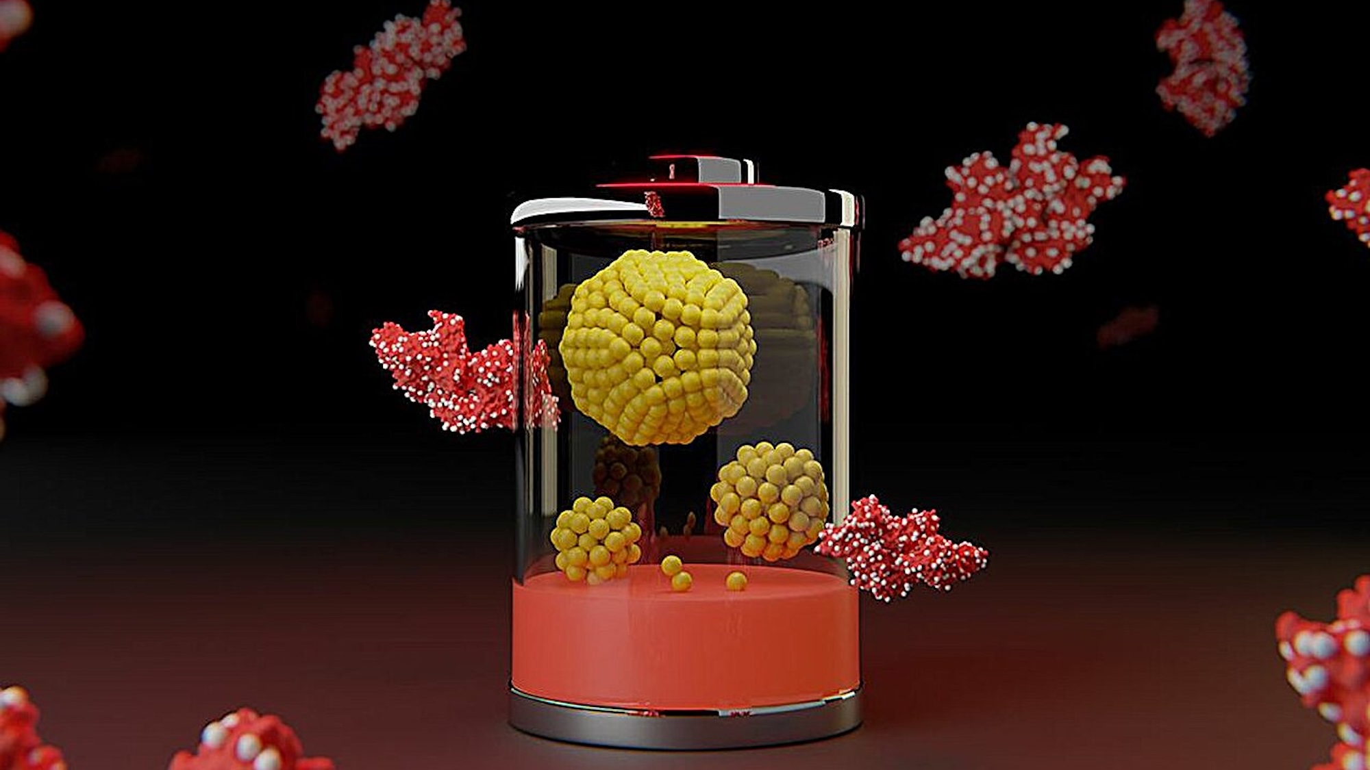 An illustration symbolizes new battery technology: Proteins (red) hold tiny clusters of metal (silver). Each yellow ball in the structures at center represents a single atom of nickel or iron. Credit: Maher El-Kady / UCLA