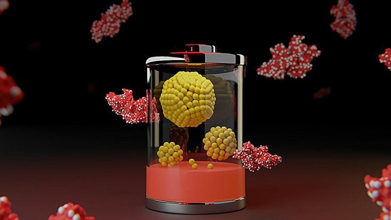 An illustration symbolizes new battery technology: Proteins (red) hold tiny clusters of metal (silver). Each yellow ball in the structures at center represents a single atom of nickel or iron. Credit: Maher El-Kady / UCLA