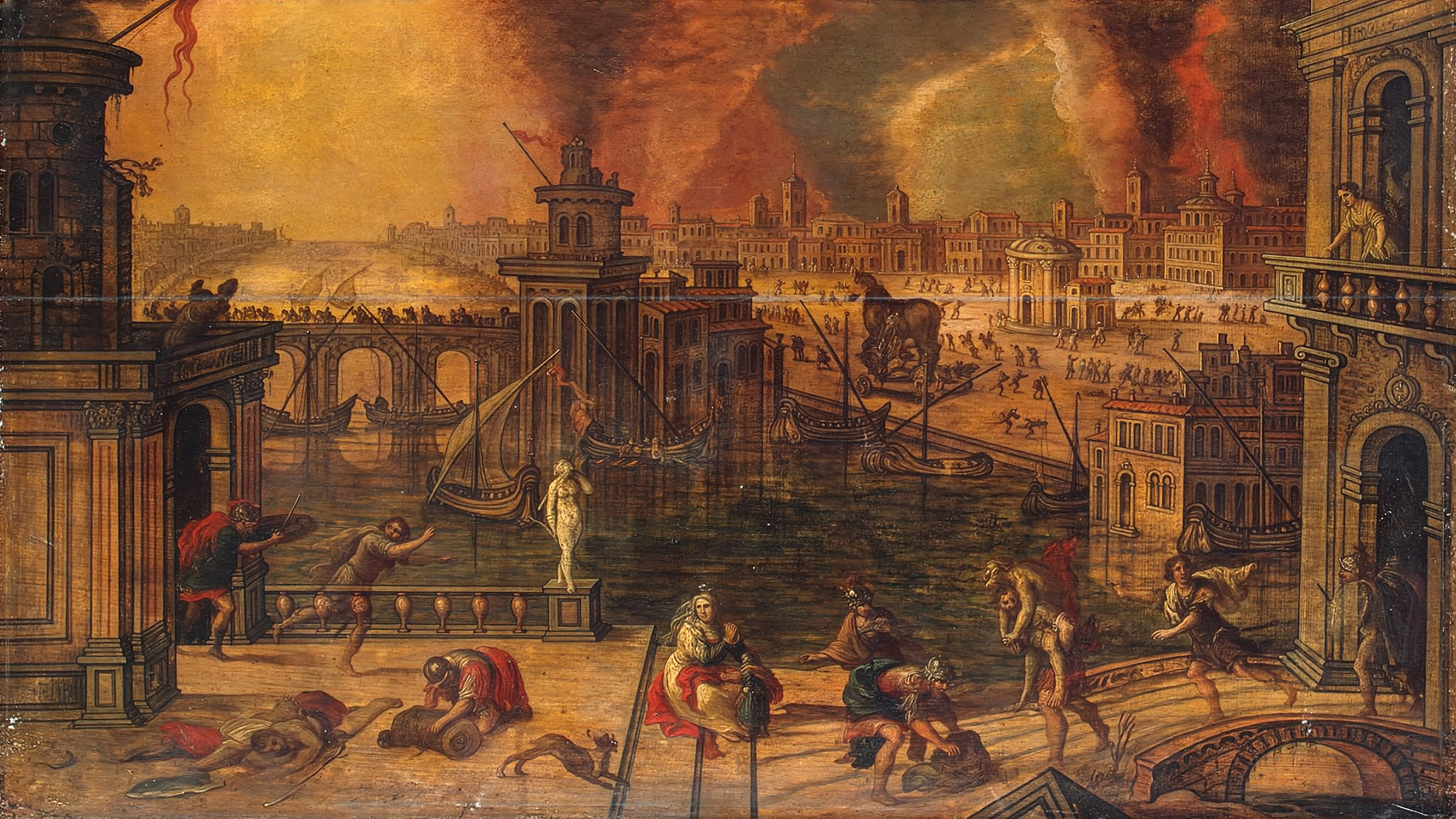 A dramatic Renaissance-era painting shows an ancient city in chaos, likely Troy, as fires and smoke fill the sky. In the foreground, people flee along canals and bridges, some dragging belongings or carrying others to safety. Boats crowd the water, while buildings burn in the distance. At center-right, a large wooden horse stands ominously in a public square, as flames and destruction spread across the city.