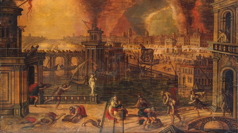 A dramatic Renaissance-era painting shows an ancient city in chaos, likely Troy, as fires and smoke fill the sky. In the foreground, people flee along canals and bridges, some dragging belongings or carrying others to safety. Boats crowd the water, while buildings burn in the distance. At center-right, a large wooden horse stands ominously in a public square, as flames and destruction spread across the city.