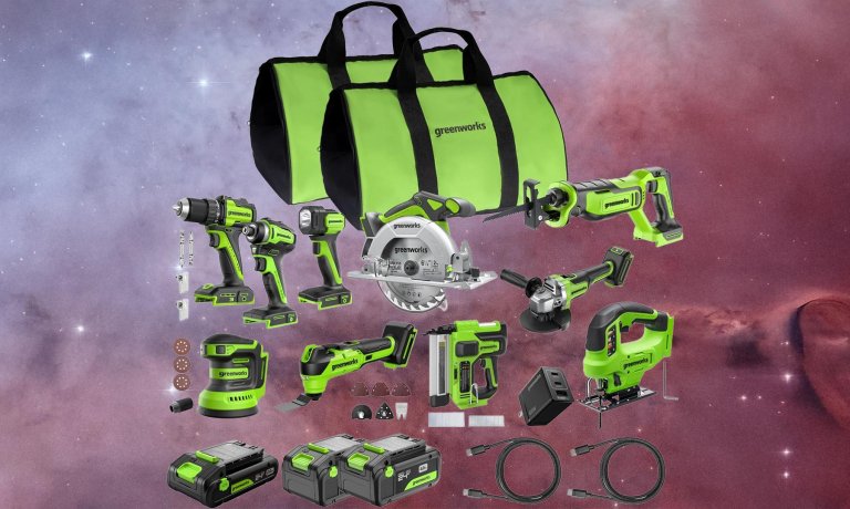 Greenworks 24V Brushless 10PC Power Tool Combo, Drill+Impact Driver+Circular Saw+Recip Saw+Jig Saw+Sander+Light+Multi-Tool+Nailer+Grinder (2) 4.0Ah+2.0Ah Batteries