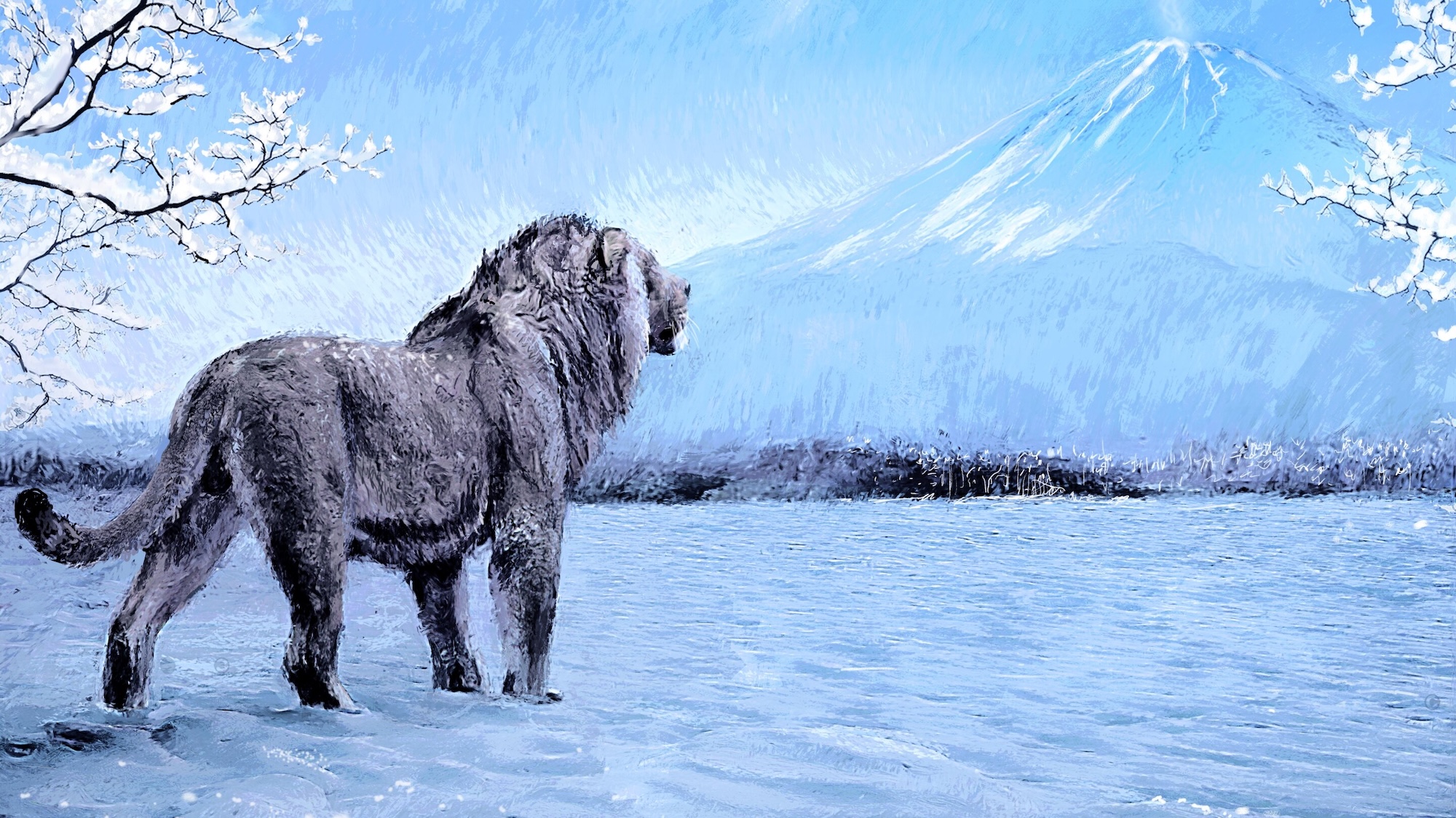 Artistic reconstruction of a Late Pleistocene cave lion overlooking Mount Fuji, Japan. Credit: Velizar Simeonovski