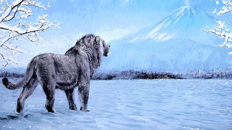 Artistic reconstruction of a Late Pleistocene cave lion overlooking Mount Fuji, Japan. Credit: Velizar Simeonovski
