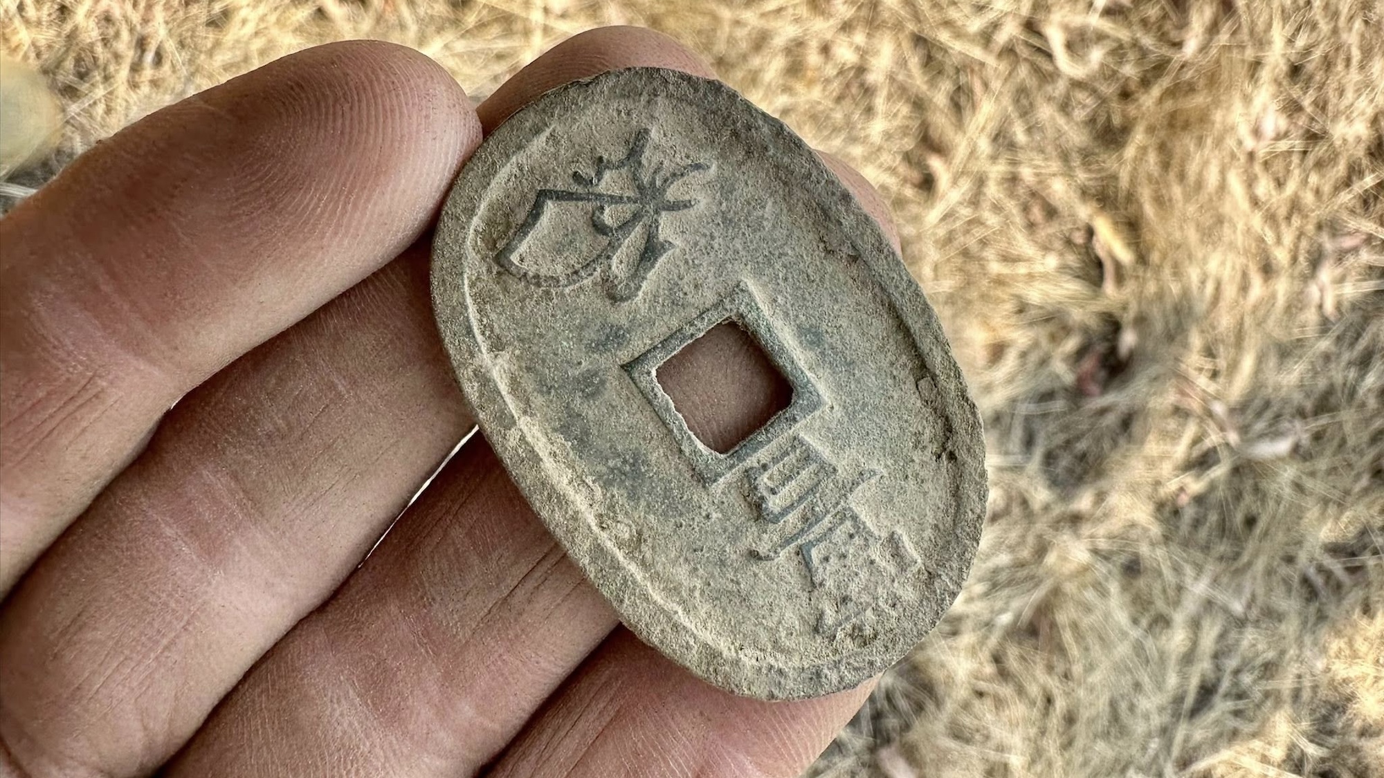 19th century Japanese coin in metal detectorist's hand