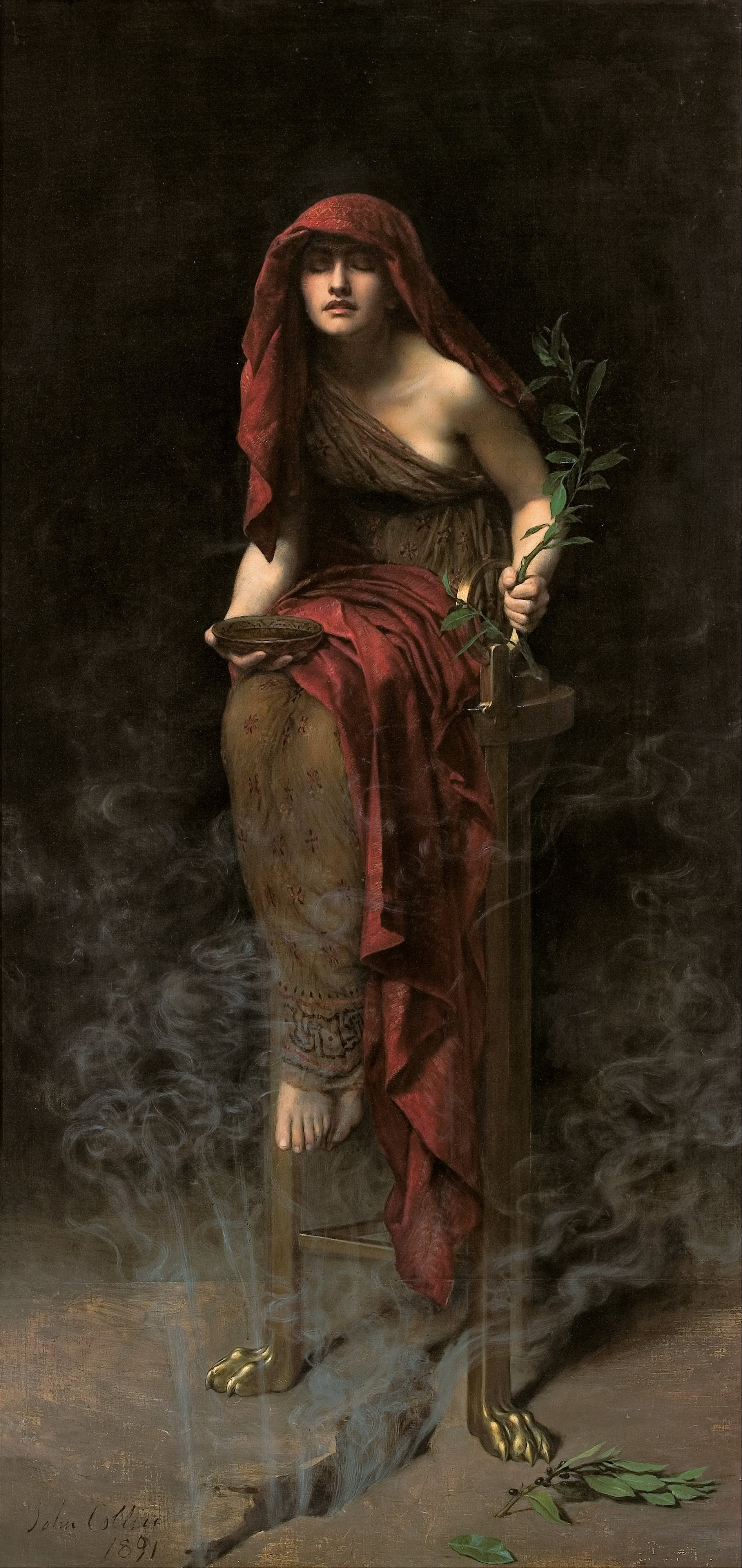 An 1891 oil painting by John Collier titled "Priestess of Delphi." A woman sits in a trance upon a tall, three-legged bronze stool over a chasm in the floor from which white vapor rises. She holds a laurel branch in one hand and a shallow bowl in the other, her head draped in a red cloth.