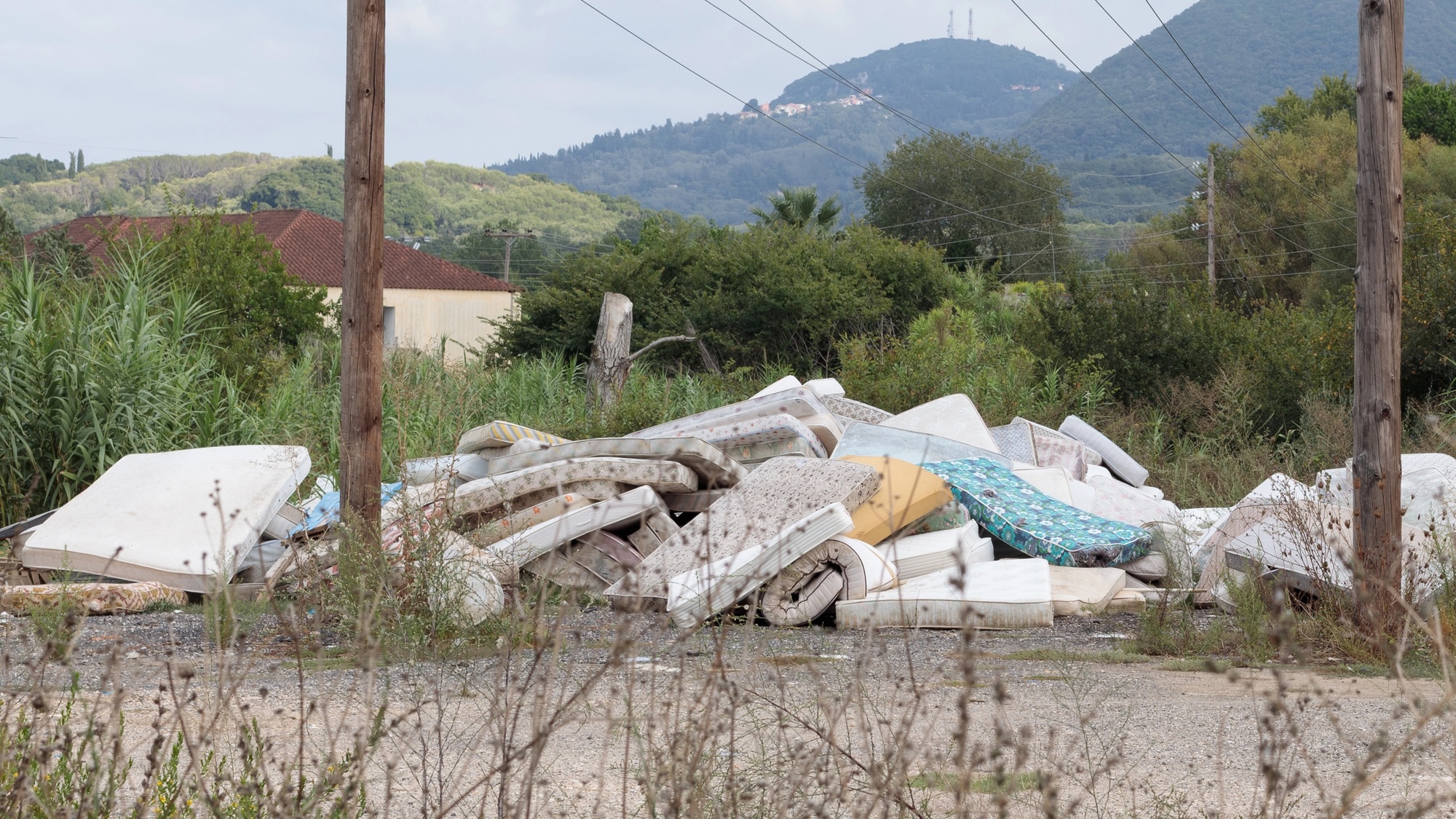Large group of used dirty sleeping mattresses. Abandoned in wild landfill