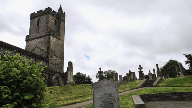 Stirling, Scotland - August 1, 2020, old medieval cemetery around Port of Menteith Parish Church