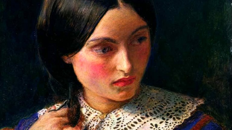 A close-up oil painting of a young woman with dark hair and a pensive expression, wearing an intricate white lace collar. She holds a pair of scissors to a lock of her hair, suggesting a moment of mourning or sacrifice.