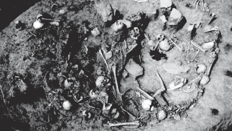 Black and white photo of Iron Age mass grave bones in Serbia