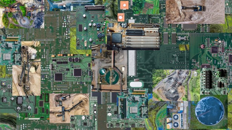 Silicon Landscapes is a collage of circuit boards interwoven with aerial photographs of water treatment facilities, agricultural lands, industrial sites and mining machinery. It represents the resource-intensive material realities of AI systems transforming the natural landscapes through extractivist processes.