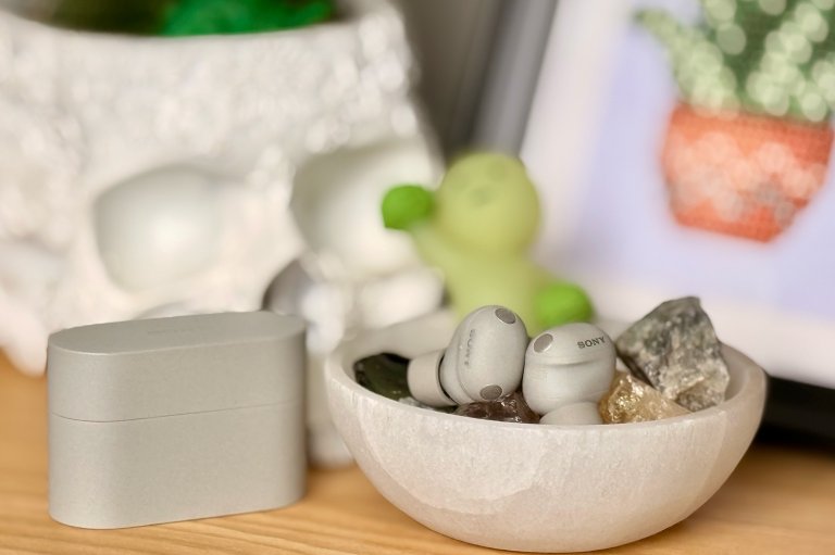 Platinum Silver Sony WF-1000XM6 true wireless ANC earbuds sitting in a bowl of crystals