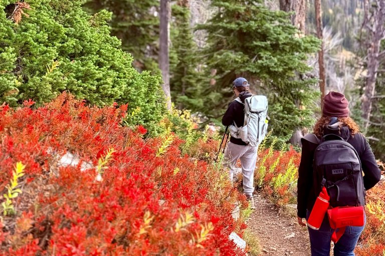 Two women wearing YETI backpacks hiking down the Wildflowers Trail in Jackson Hole, Wyoming