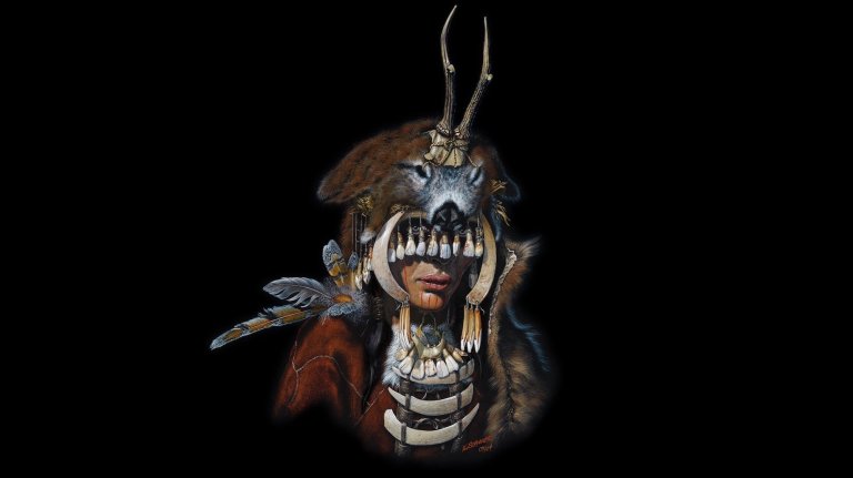 an illustration of a woman wearing an ancient headdress made with antler bones, fur, and teeth