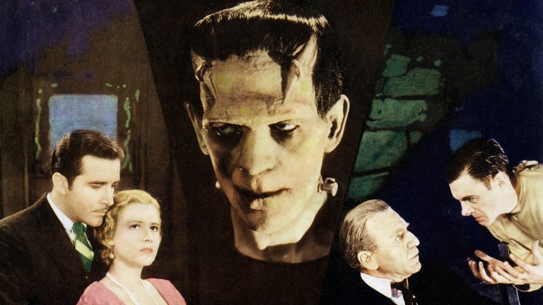 A vintage, colorful movie poster for the 1931 film Frankenstein. In the center, a large, dramatic close-up of Boris Karloff as Frankenstein's monster looms over the other characters. He has a pale, squared-off head, visible scarring on his forehead, and heavy-lidded eyes looking downward with a somber expression. The poster is divided into segments: Bottom left: A well-dressed man in a suit and a woman in a pink dress look off-camera with concerned expressions. Bottom right: Two men are engaged in a tense conversation; one appears to be Dr. Frankenstein, gesturing animatedly with his hands toward an older man. The overall aesthetic is dark and atmospheric, using a "vignette" style with deep blacks and pops of green and blue in the background.