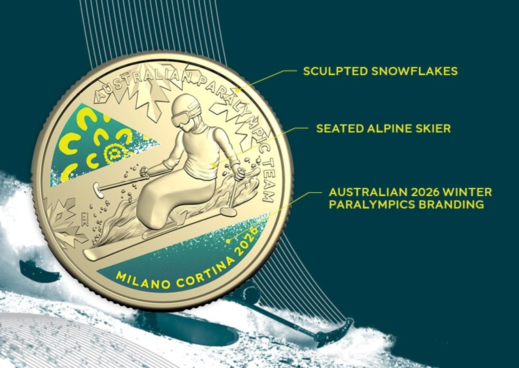 Seated para alpine skiers have inspired this design, the depicted figure’s fast movement a great example of determination and athleticism. In their speed, snow is seen splashing across the coin’s field and even extends into the printed segments. Sculpted snowflakes decorate the background, strengthening this coin’s connection to the winter aspect of the games. 