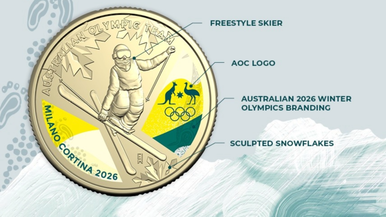 Freestyle skiers have inspired this design, the figure depicted seen mid-pose, their striking position showcasing the agility and athleticism during a freestyle performance. Sculpted snowflakes decorate the background. Surrounding the figure, coloured print features the Australian Olympic Team logo and the aesthetics of the Australian 2026 Winter Olympics branding