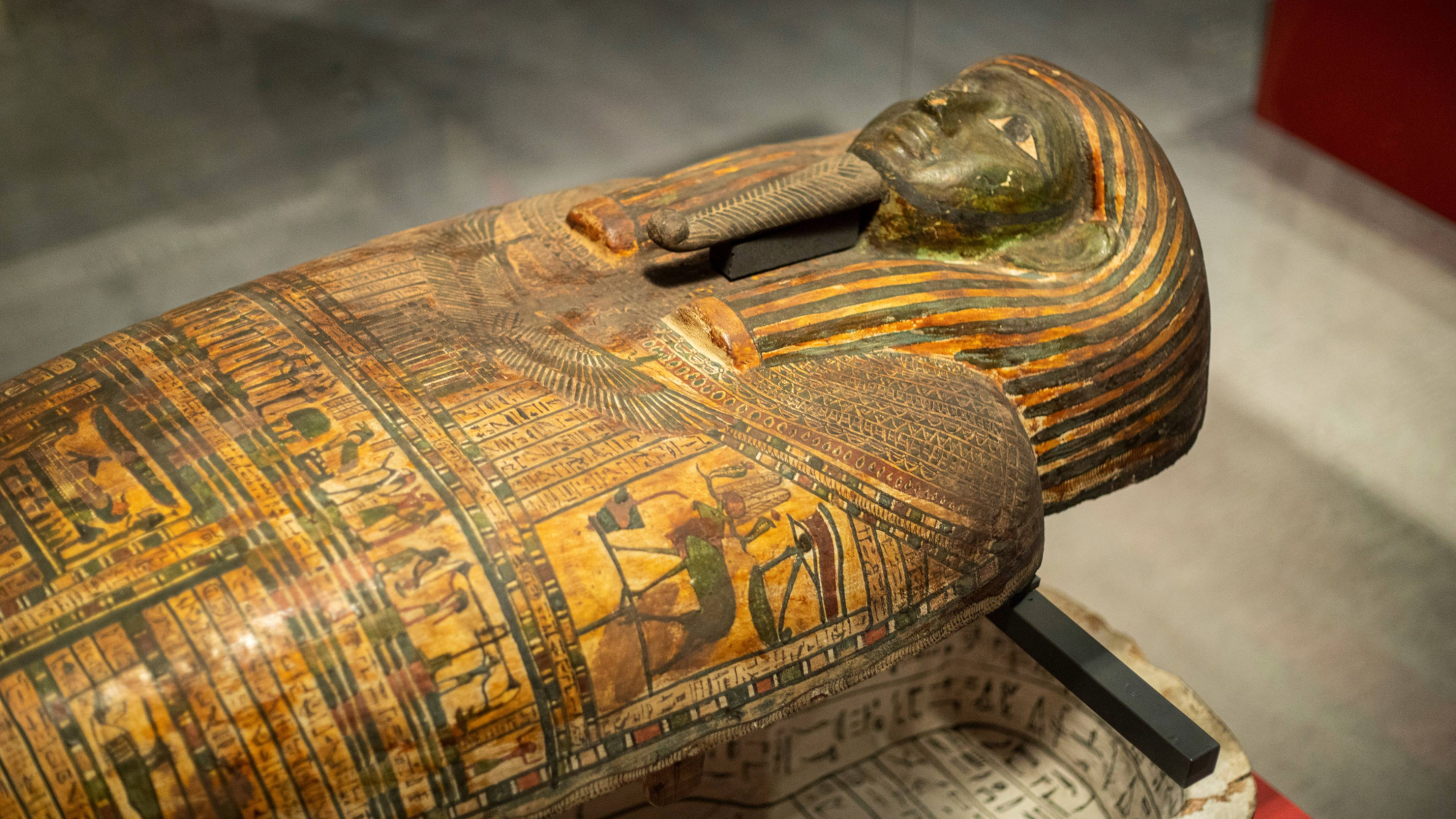 a mummy's decorative outer shell on display in a musuem