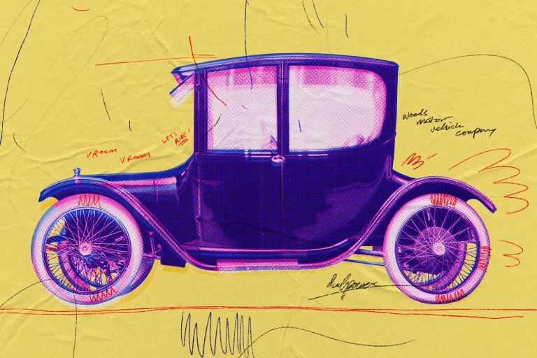 An artistic, mixed-media digital collage of an early twentieth-century electric vehicle, specifically a Woods Motor Vehicle Company car. The car is rendered in shades of purple and pink against a textured yellow background that looks like crumpled paper. The image features playful, hand-drawn scribbles in red and black, including the words "VROOM VROOM" and "LET'S RIDE!" near the front wheel. The car itself has a tall, carriage-like cabin with large windows and thin, spoked wheels highlighted with glowing pink circles. Decorative red loops and lines are sketched around the rear of the vehicle to suggest motion.