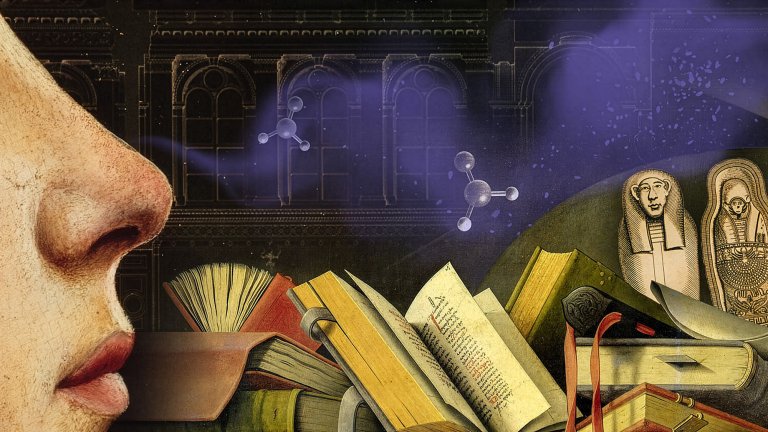 An artistic, surreal digital illustration exploring the concept of "recreating history's smells." On the left, a large, close-up profile of a human nose and mouth is shown in a classical, textured painting style. A faint purple vapor drifts from the right toward the nose, carrying floating 3D molecular structures. The background features a dark, ornate historical building with arched windows. In the foreground, a cluttered pile of old, thick books with leather bindings and parchment pages sits below two Egyptian sarcophagi. The overall mood is mysterious and scholarly, blending ancient history with modern chemistry.