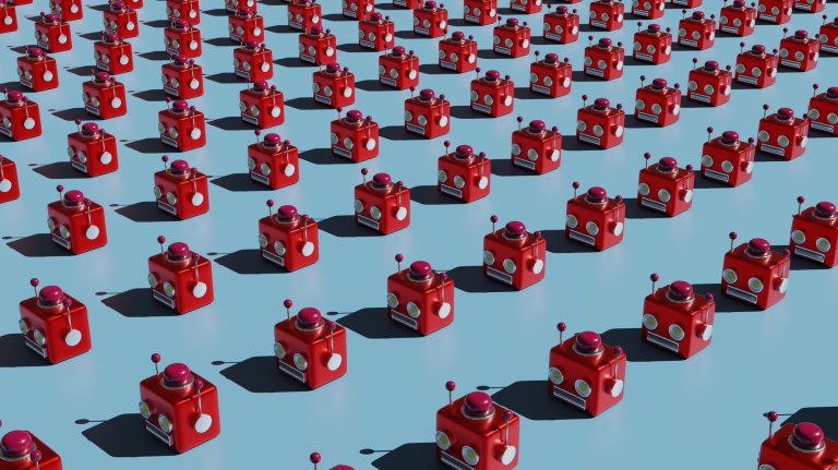 Red robots in row