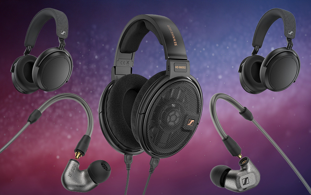 A selection of premium Sennheiser headphones and earphones on a purple nebula background