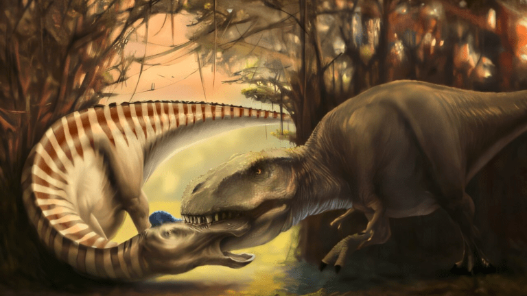 an illustration of a dinosaur biting another dinosaur