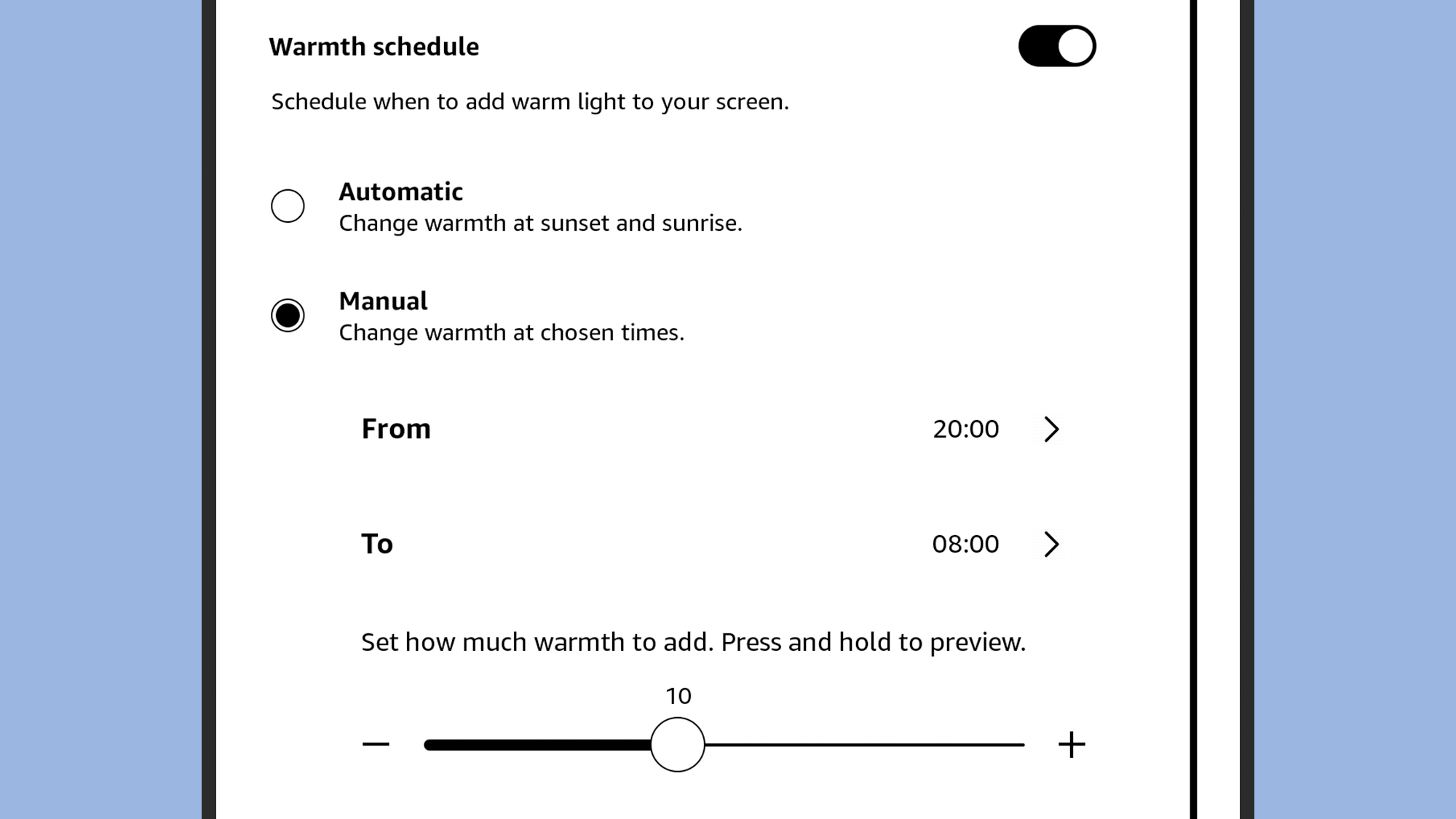 screenshot of warmth settings