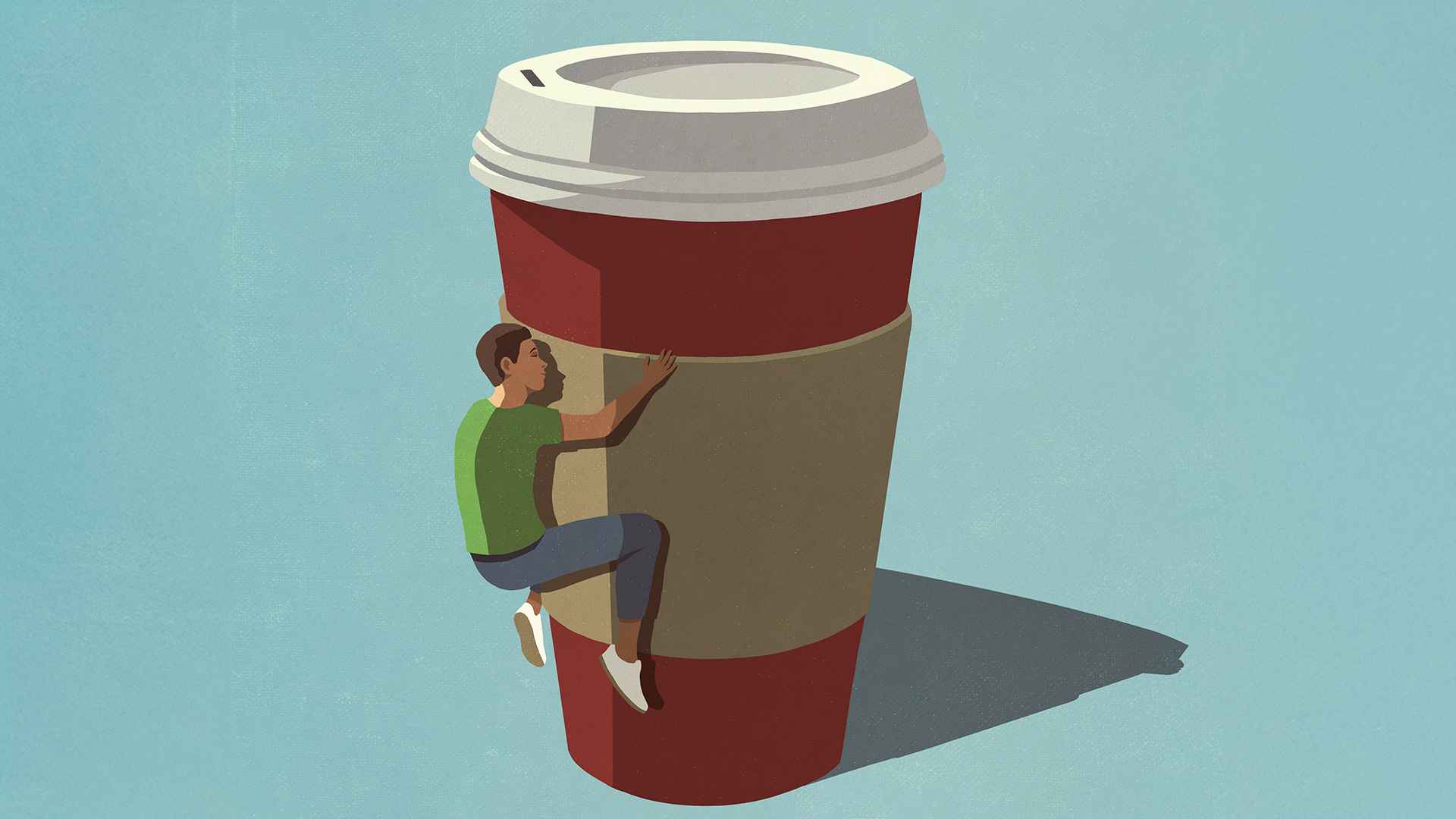 cartoon of man hugging disposable coffee cup