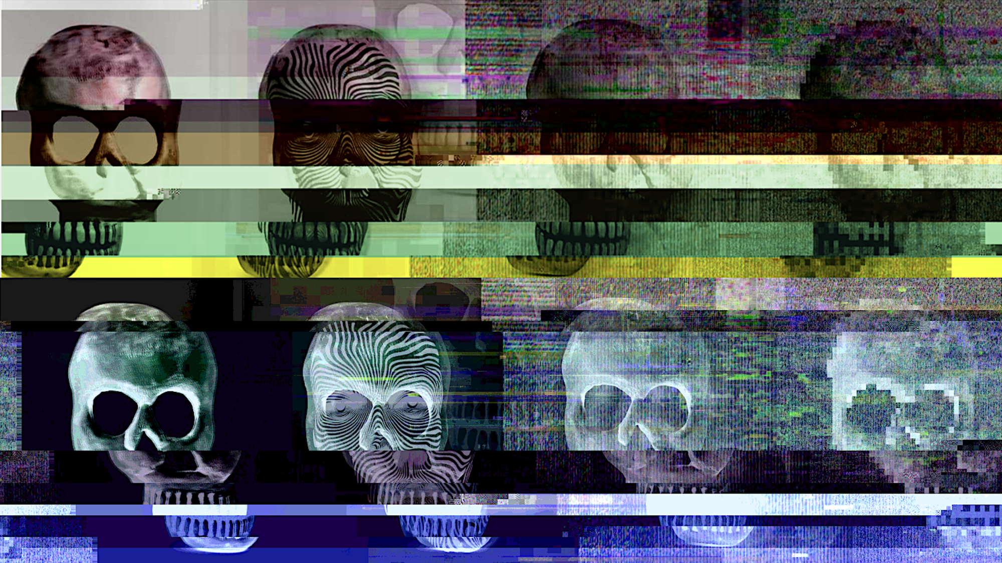 Repeating image of skulls with increasing doubling, blurring, ghosting, pixelation, and horizontal glitching