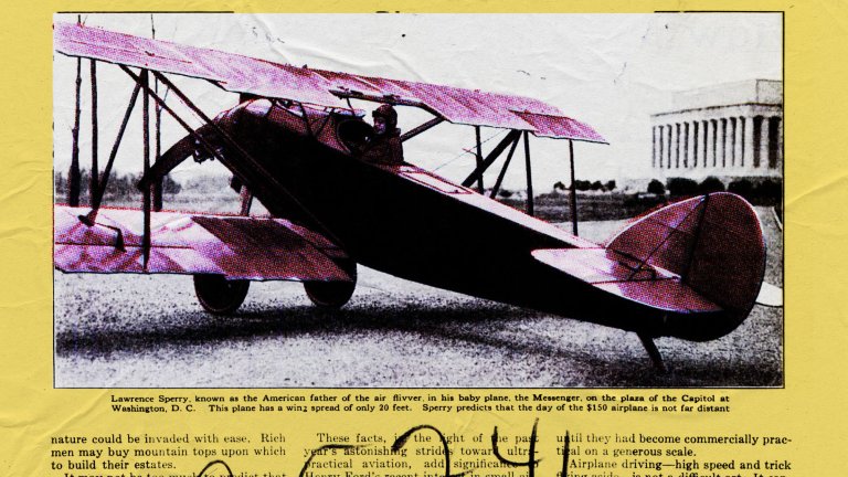 A colorized newspaper clipping showing aviator Lawrence Sperry seated in the cockpit of his small biplane, the "Messenger," on the grassy plaza of the U.S. Capitol in Washington, D.C.. The aircraft, which has a wingspan of only 20 feet, is shown in profile with the Lincoln Memorial visible in the distant background. Below the image, printed text identifies Sperry as the "American father of the air flivver" and quotes his prediction that a cheap, $150 airplane would soon be common.