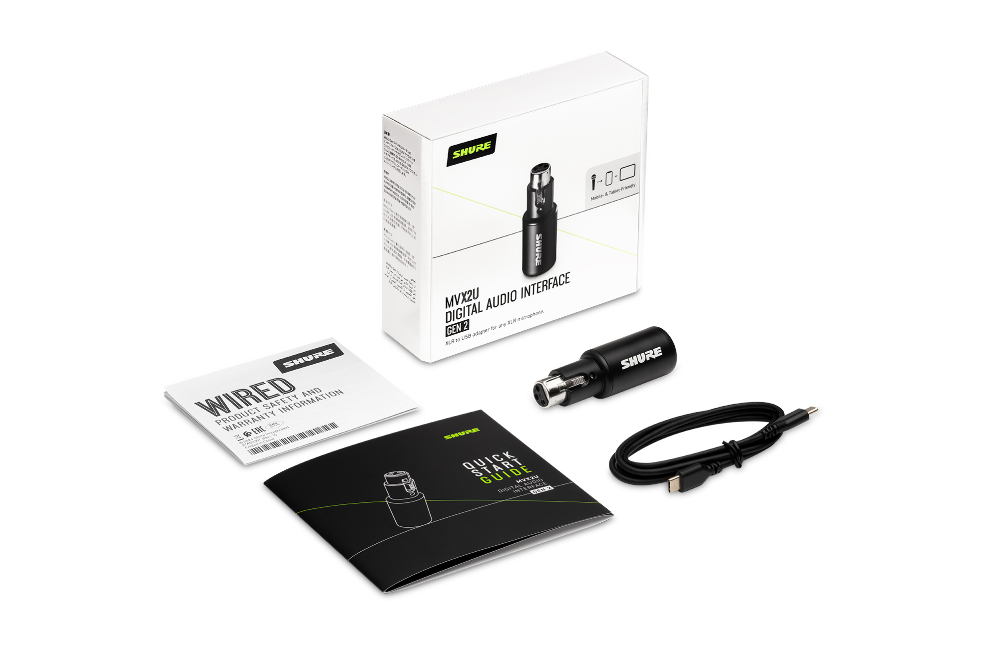 The Shure MVX2U Gen. 2 XLR-to-USB-C digital audio interface shown with its accessories and retail packaging on a white background