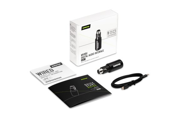 The Shure MVX2U Gen. 2 XLR-to-USB-C digital audio interface shown with its accessories and retail packaging on a white background