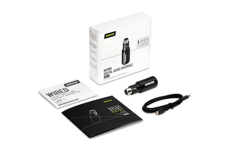 The Shure MVX2U Gen. 2 XLR-to-USB-C digital audio interface shown with its accessories and retail packaging on a white background