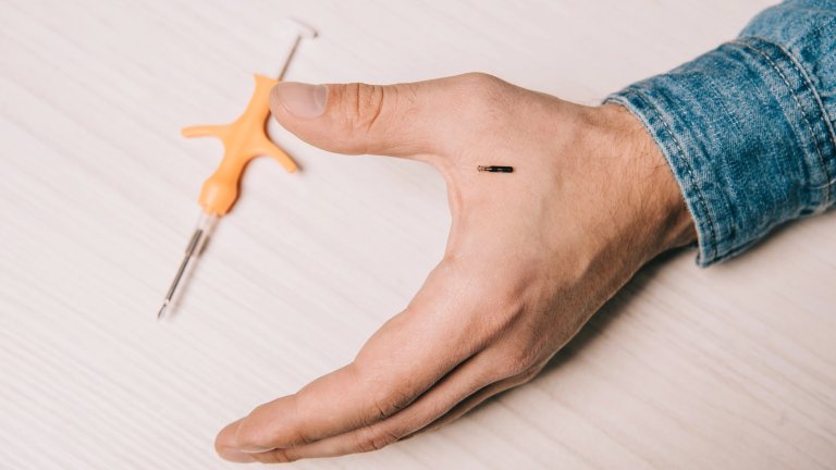 Microchip resting on man's hand next to syringe