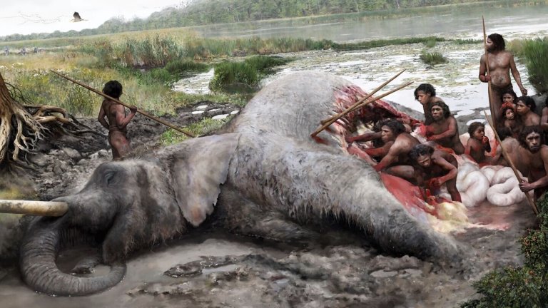 Illustration of Neanderthal tribe butchering large elephant near lake