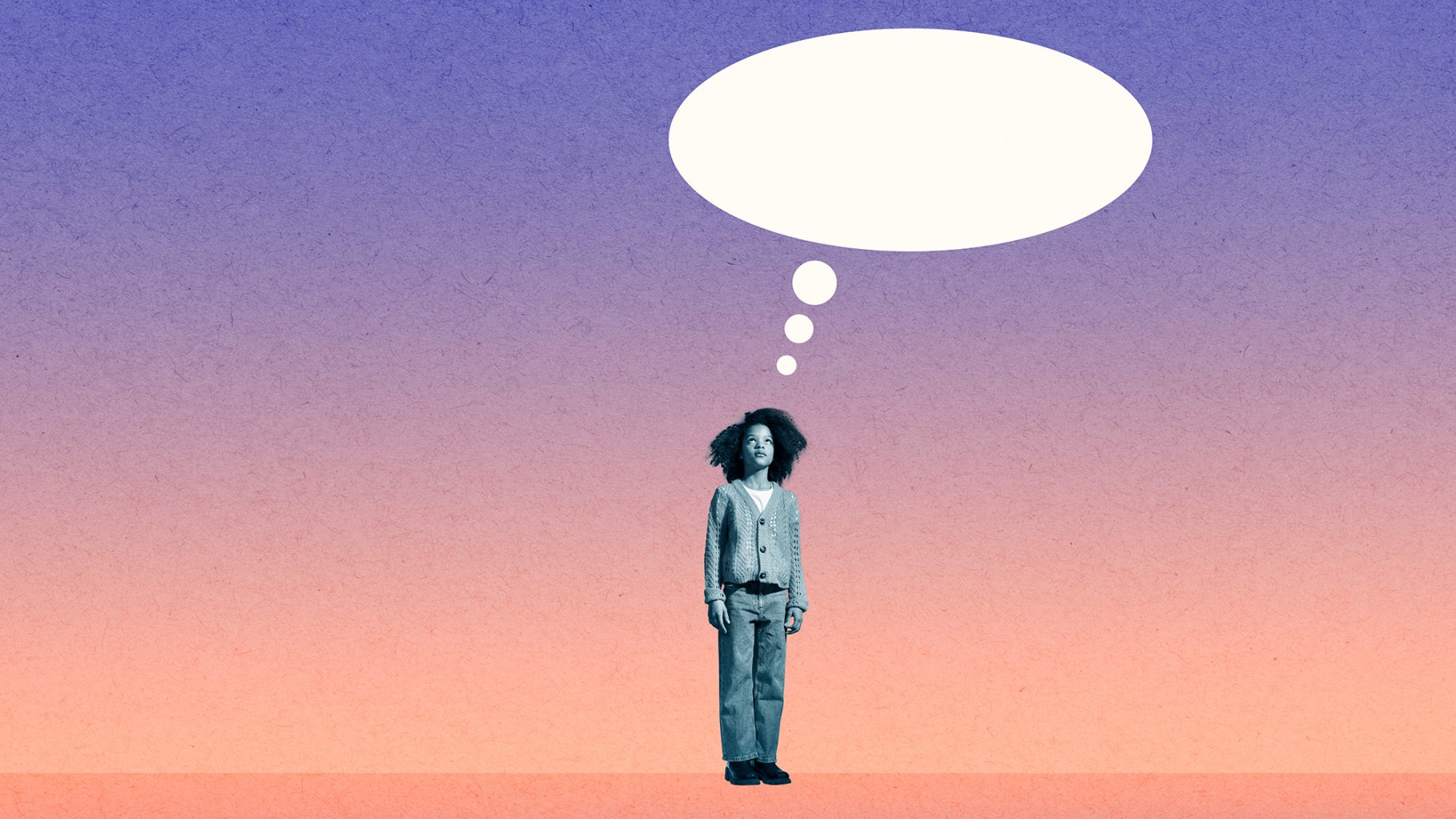 A conceptual graphic featuring a young child with an afro standing alone against a textured purple and orange gradient background. A large, empty white thought bubble floats significantly above their head.