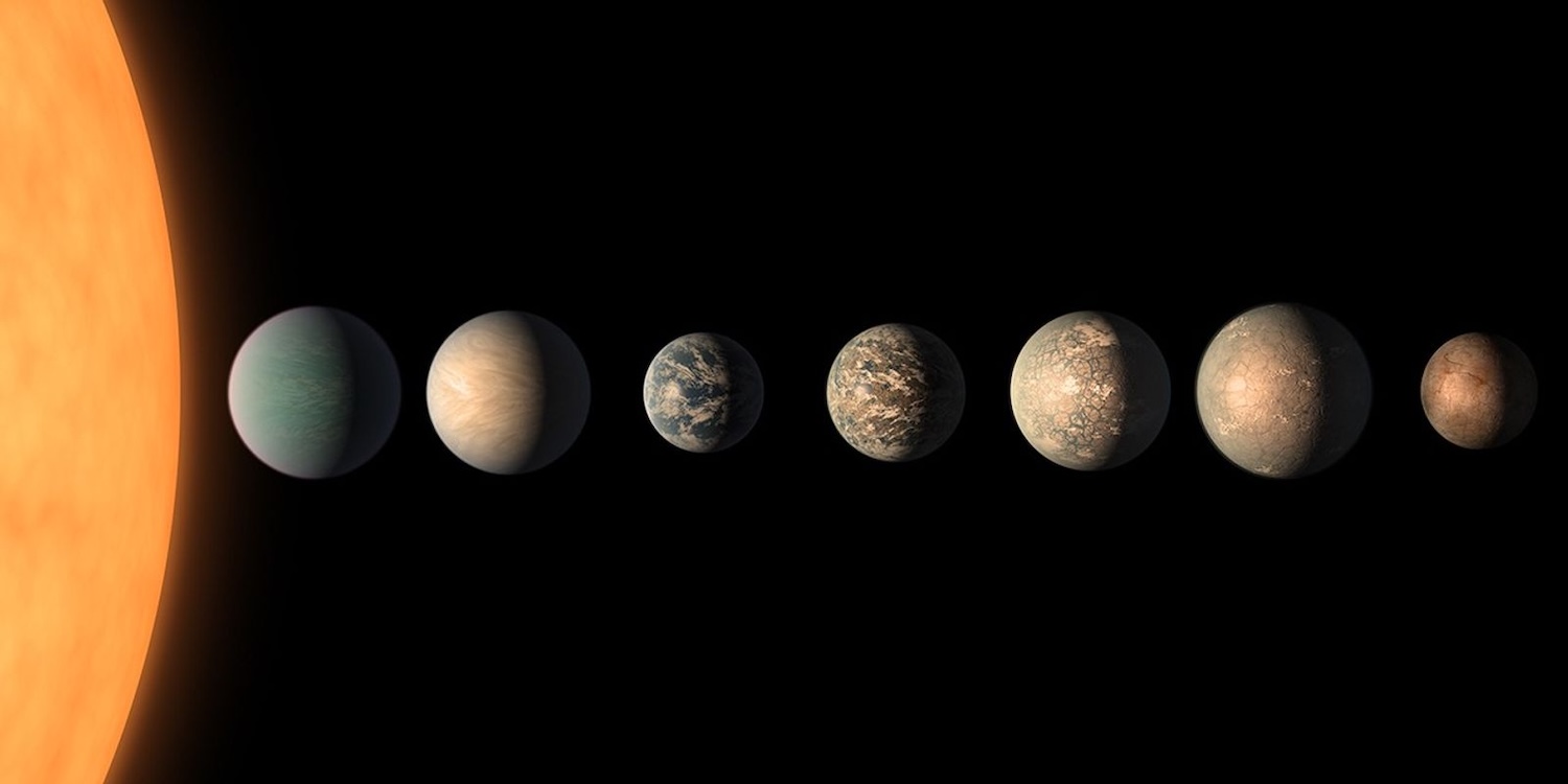 An artist’s impression of what the TRAPPIST-1 planetary system may look like showing (from left to right) TRAPPIST-1 a, b, c, d, e, f, g and h, based on available data about the planets' diameters, masses and distances from the host star. Of these, TRAPPIST-1 d, e, f and g are thought to be the most Earth-like planets.
Credit: NASA/  JPL-Caltech