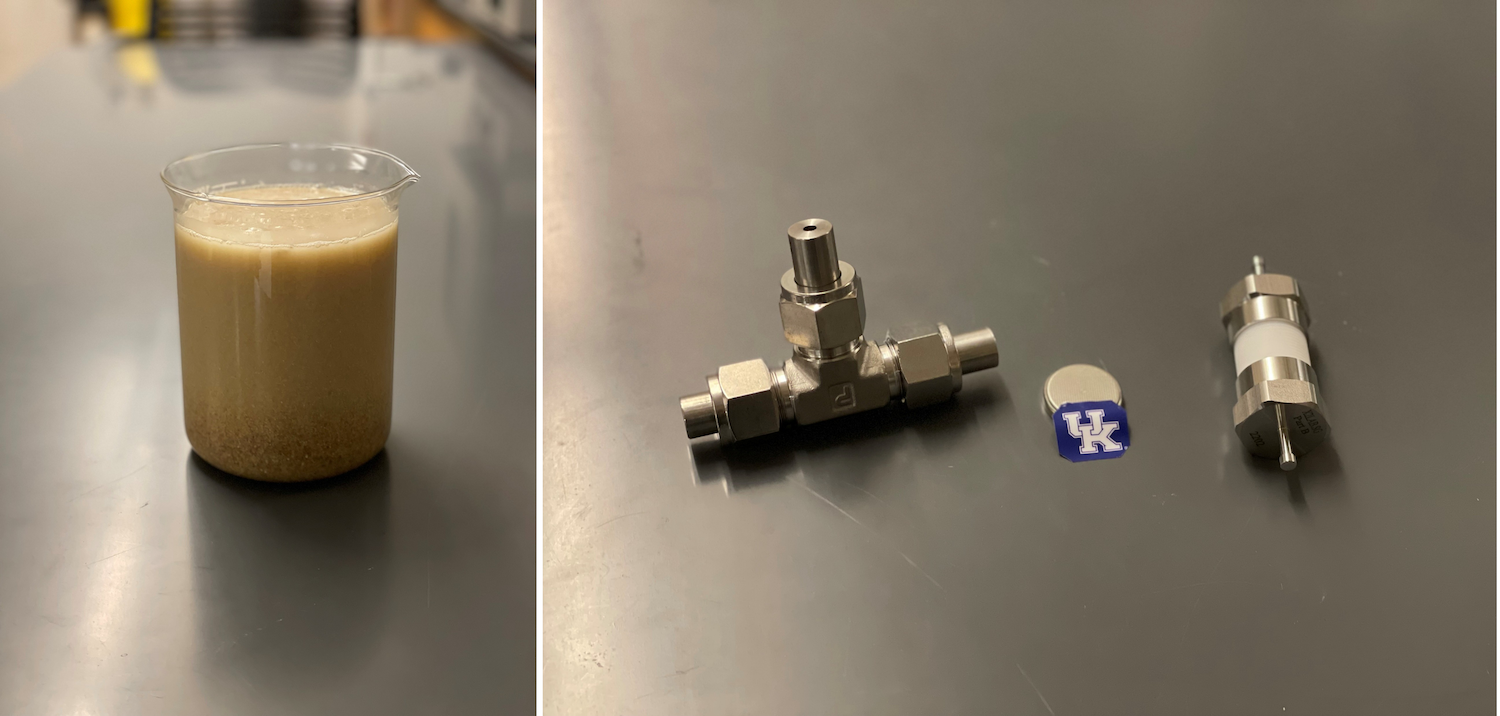 Researchers converted bourbon distillery waste (left image) into electrodes for supercapacitors (right image) that store more energy per kilogram than commercial devices. Credit: Josiel Barrios Cossio