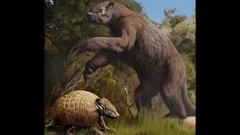An artist’s interpretation of mammals that lived during the last Ice Age. Fossils from similar species of an armadillo-like pampathere (bottom left) and giant ground sloth (background) were among those found in a recent study of a Texas water cave. Credit: Adapted from artwork by Jaime Chirinos