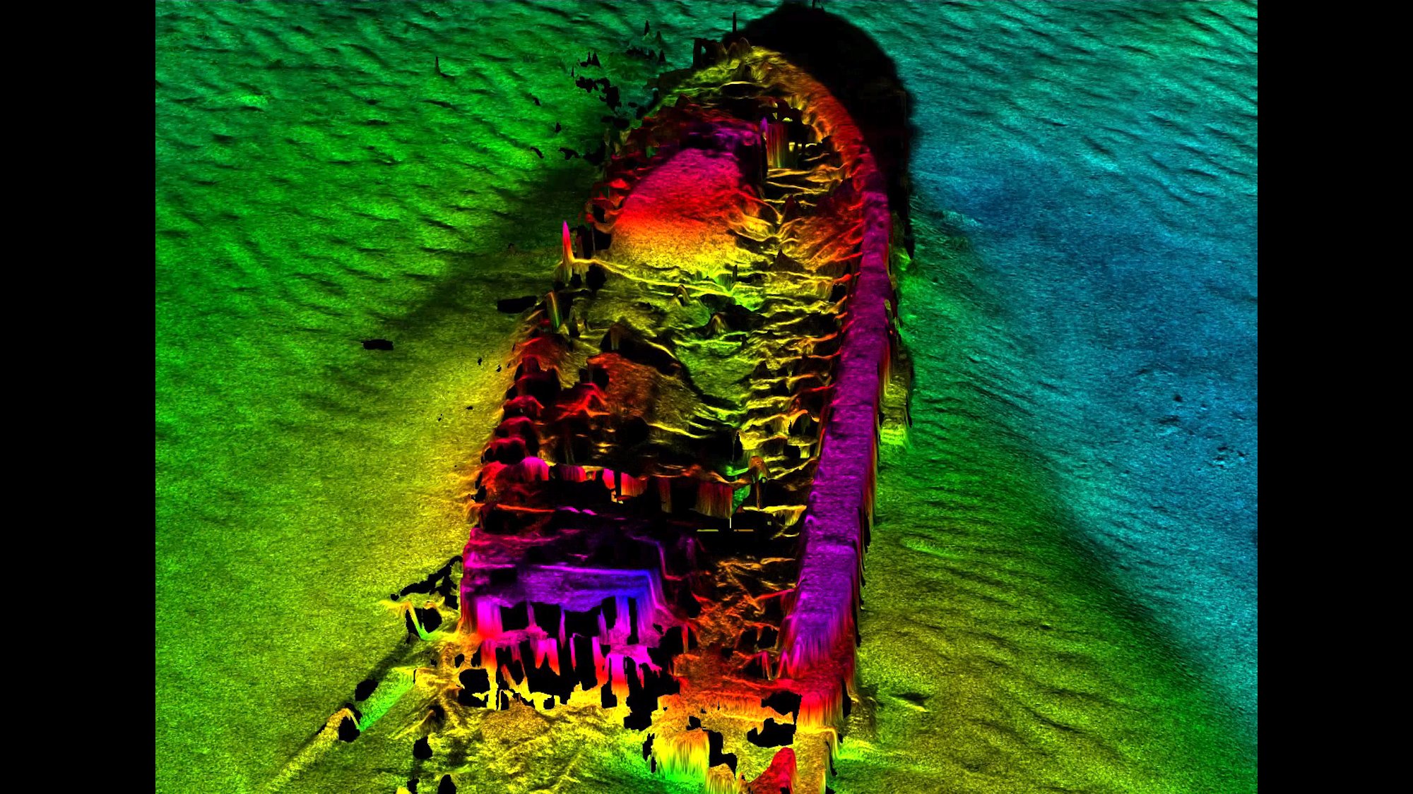 Bathymetric view of USS Monitor, looking at the stern of the wreck with the boilers and inner framework of the armor belt captured by Northrop Grumman using μSAS™.
