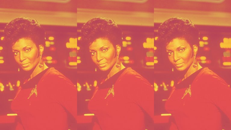 Three side by side images of Nichelle Nichols as Uhura from Star Trek