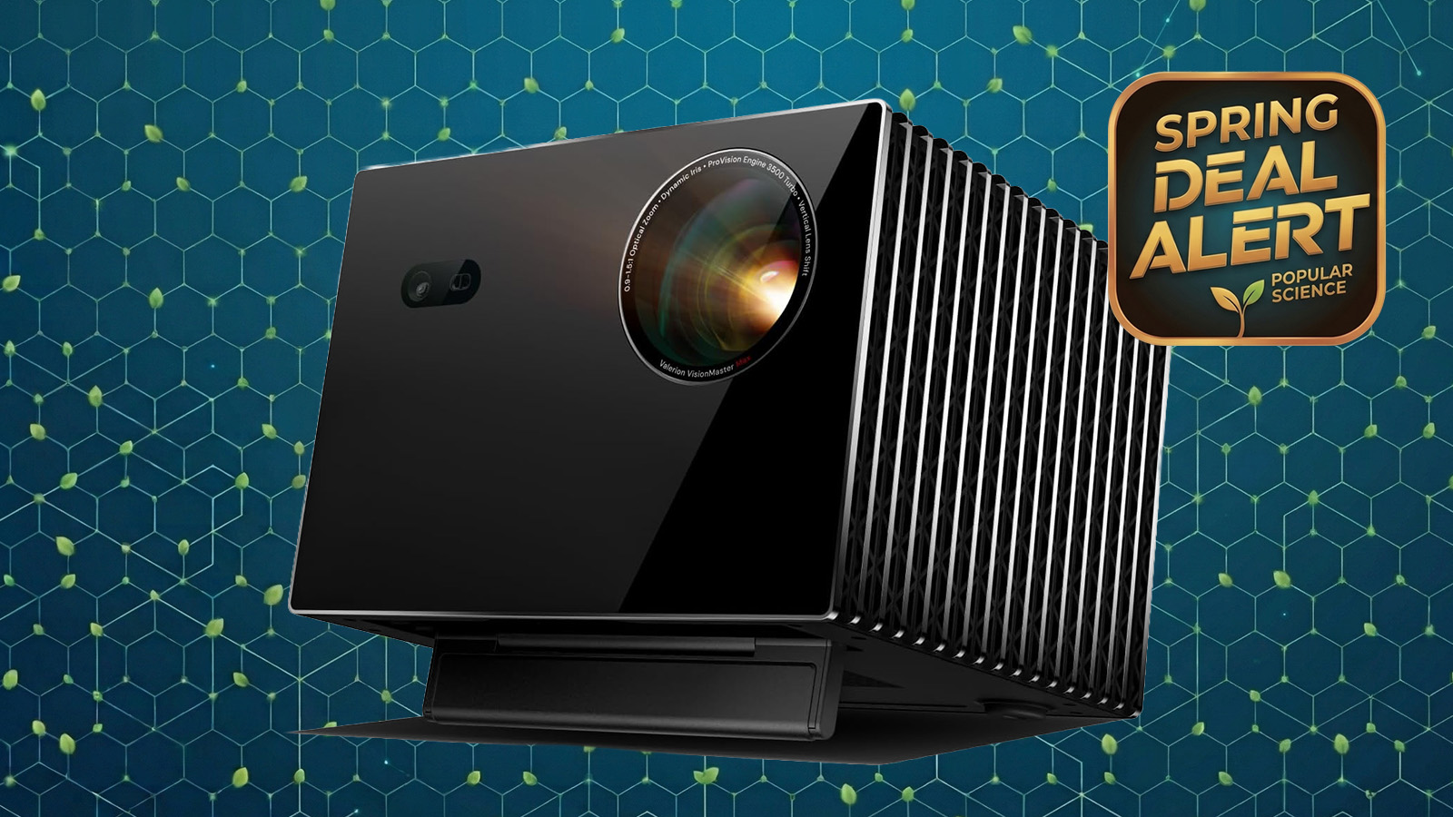 Valerion VisionMaster MAX triple-laser 4K projector on an Amazon Prime BIG SPRING SALE background