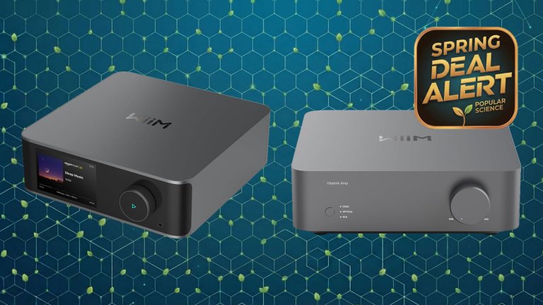 A WiiM Ultra streamer and WiiM Vibelink amplifier on an Amazon Prime Big Spring Sale background