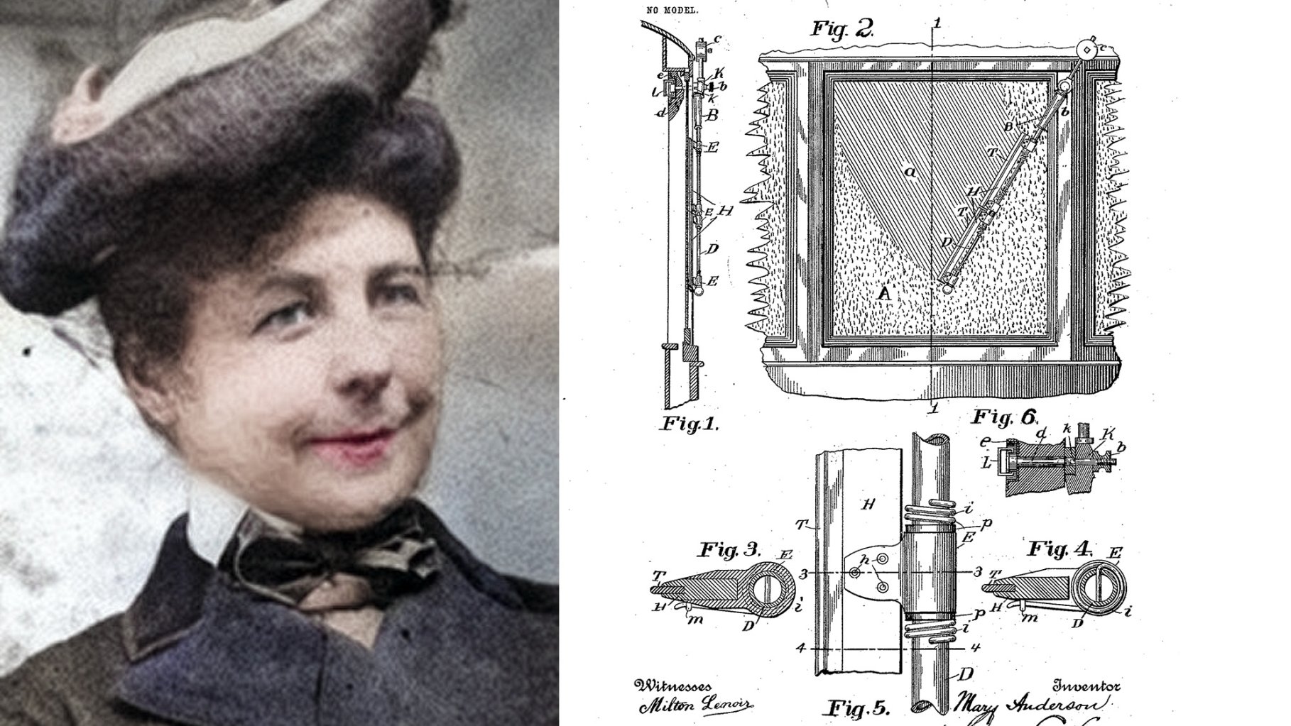 A split image featuring a colorized portrait of Mary Anderson, a female inventor from the early 20th century, wearing a wide-brimmed hat and a bow tie. Next to her portrait is an original technical patent drawing labeled with various "Fig" numbers, showing the mechanical design and lever system of her "Window Cleaning Device," the precursor to the modern windshield wiper.