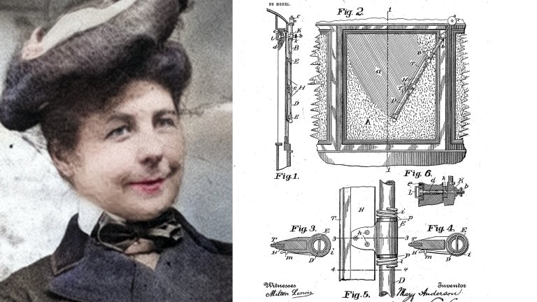 A split image featuring a colorized portrait of Mary Anderson, a female inventor from the early 20th century, wearing a wide-brimmed hat and a bow tie. Next to her portrait is an original technical patent drawing labeled with various "Fig" numbers, showing the mechanical design and lever system of her "Window Cleaning Device," the precursor to the modern windshield wiper.
