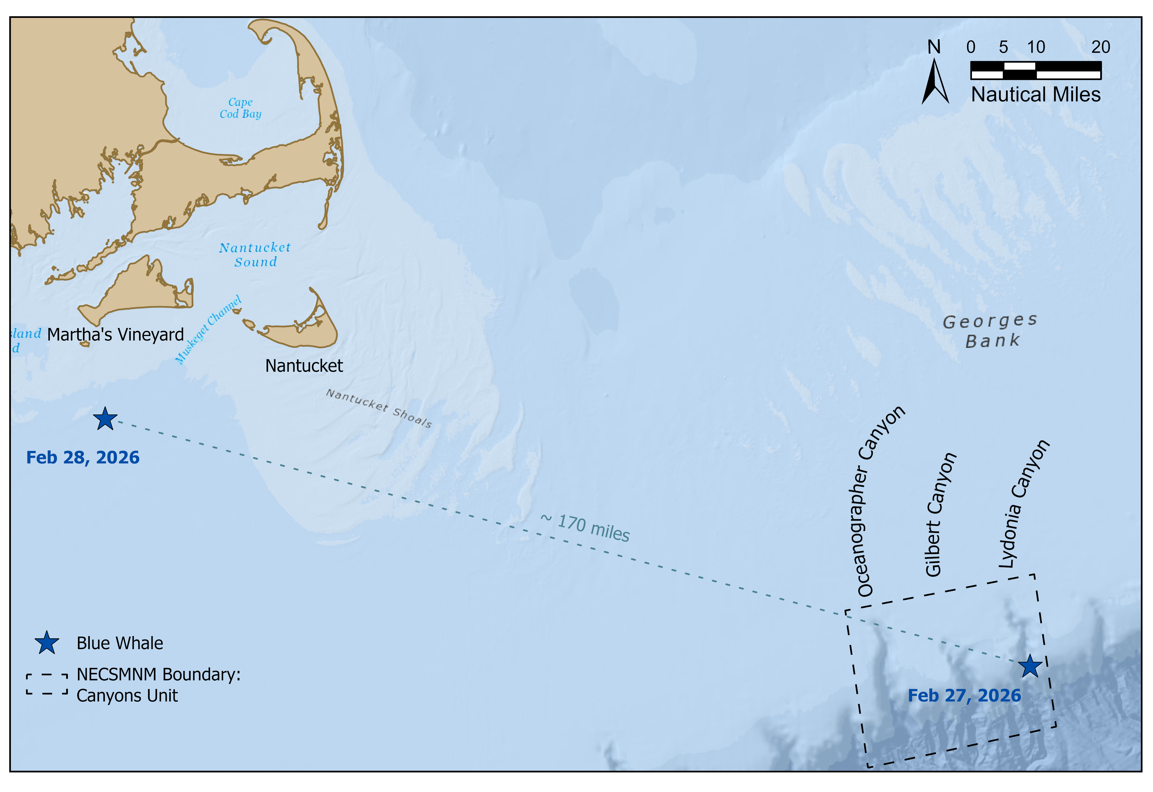 a map showing the southern coast of massachusetts. stars indicate where blue whales were spotted on february 27 and 28