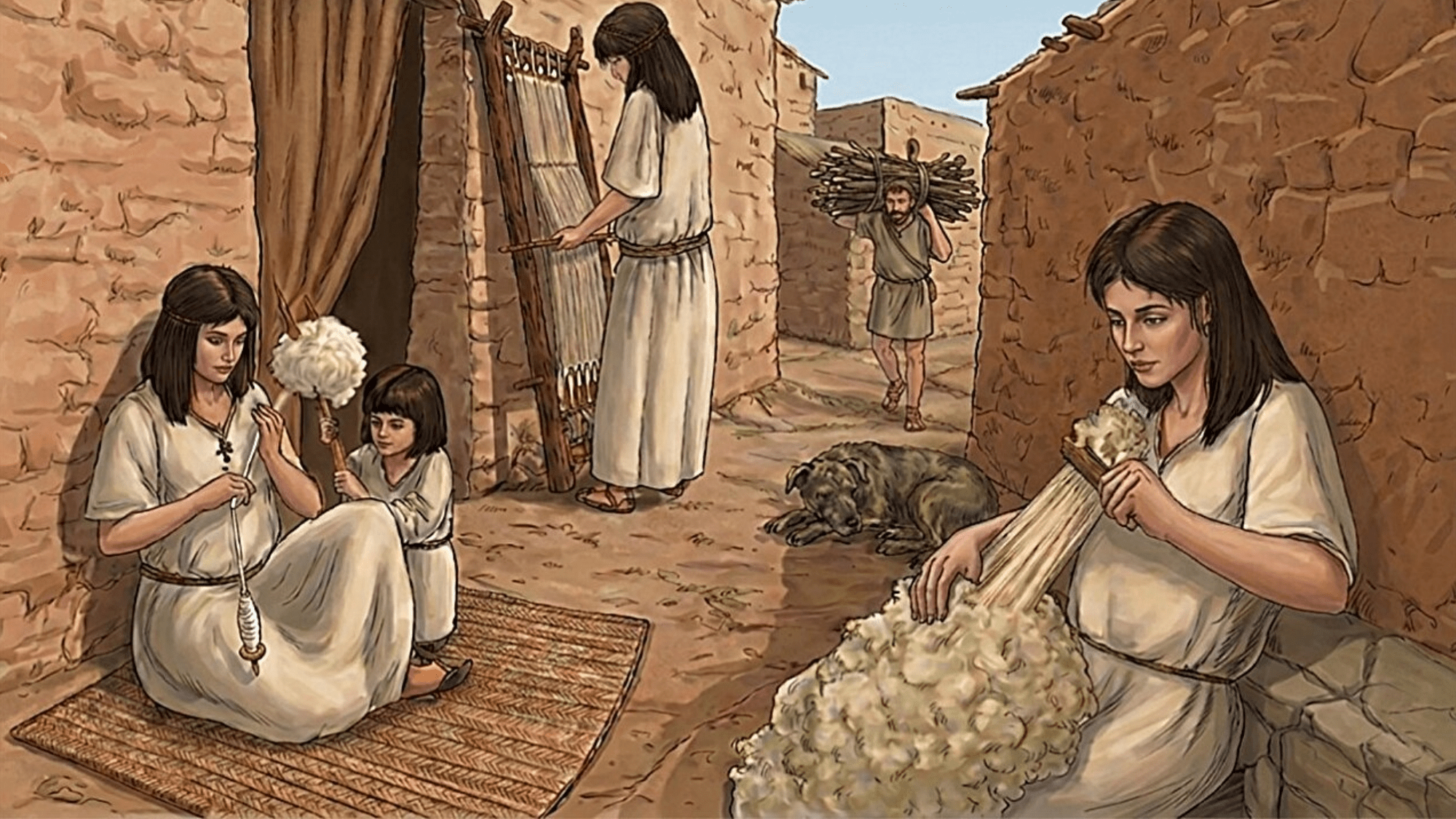an illustration showing bronze age women weaaving