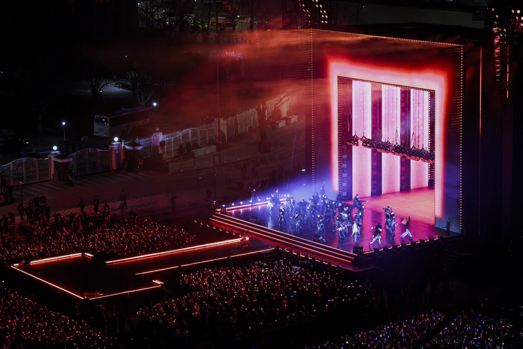 SEOUL, SOUTH KOREA - MARCH 21: (EDITORIAL USE ONLY) K-pop boy band BTS perform onstage during comeback concert at Gwanghwamun Square on March 21, 2026 in Seoul, South Korea. The free concert is the band's first performance in nearly four years. (Photo by Kim Hong-Ji - Pool/Getty Images)