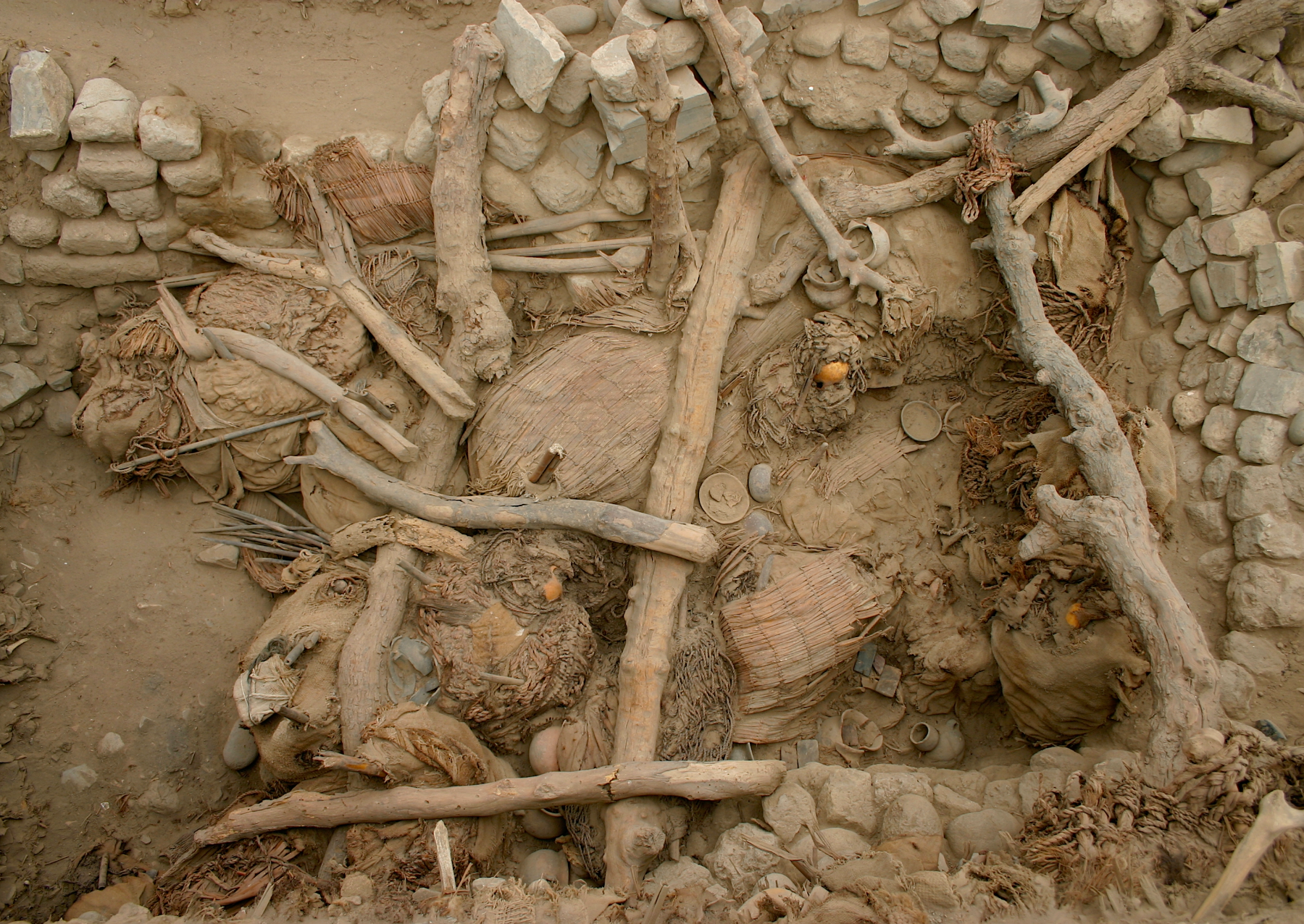 an ancient tomb with bones, llogs, and feathers