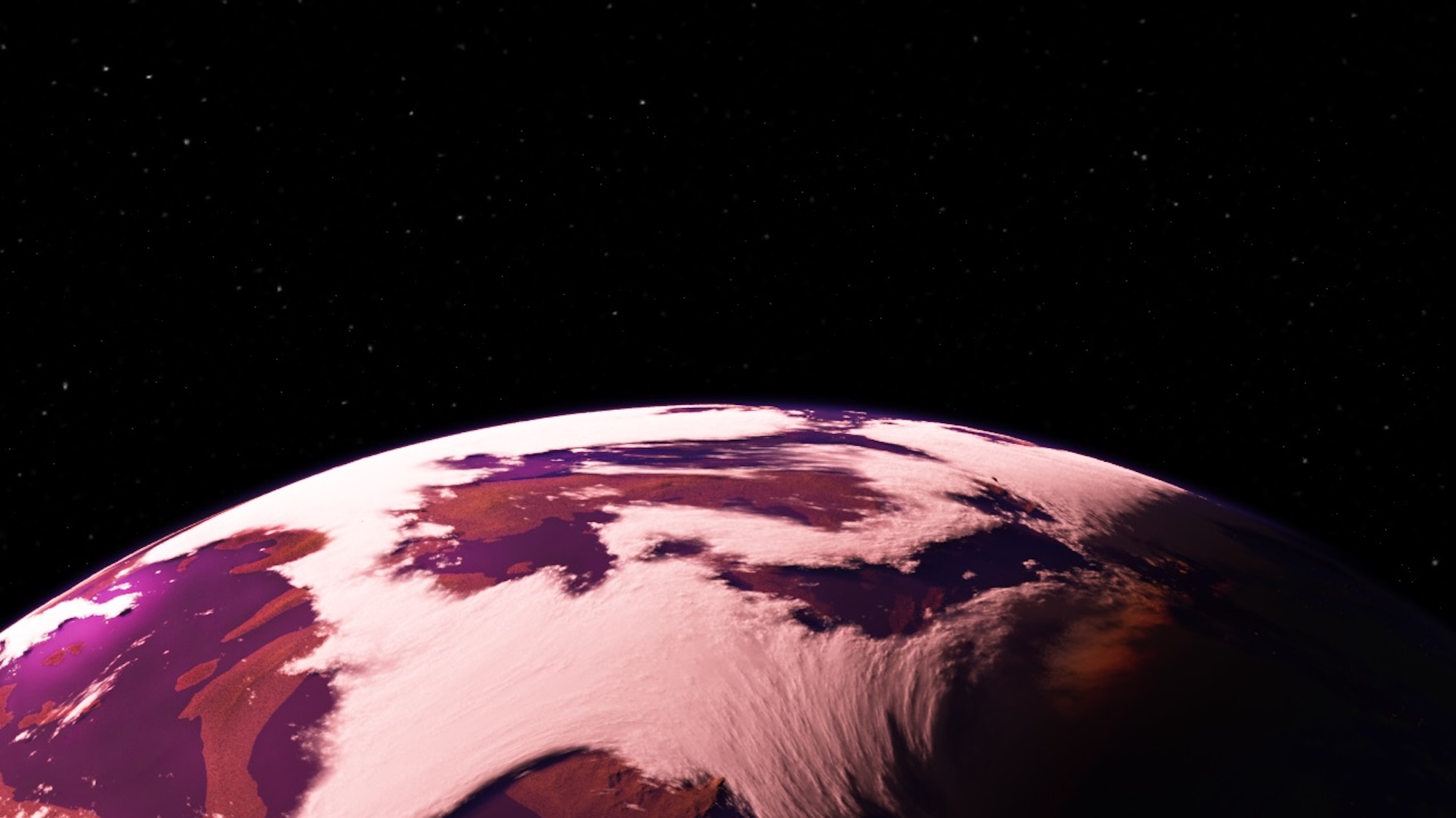 An artist's impression of a theoretical planet orbiting a redder star, which could cause microbes and plants on the planet's surface to reflect very different colours from Earth’s green forests. Gillis Lowry